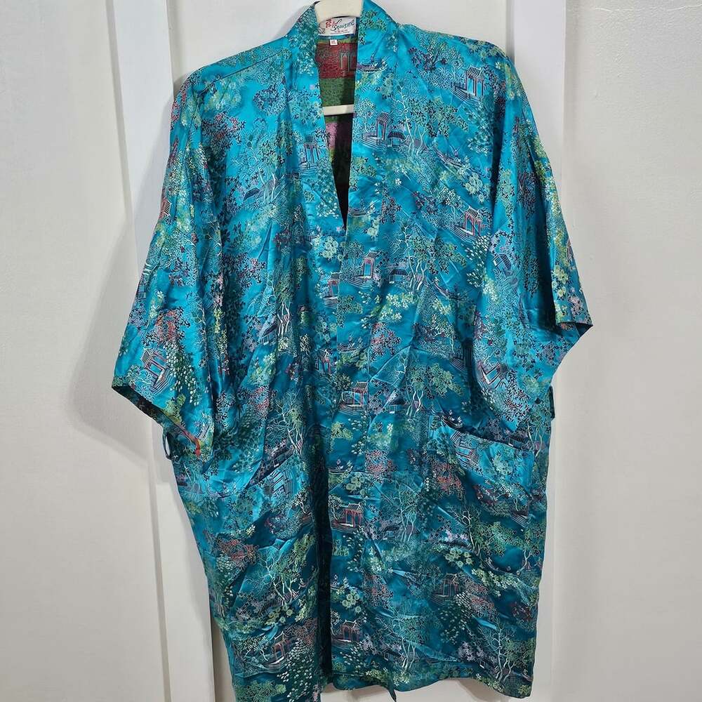 Vintage Solz Squirrel XL Turquoise Brocade Kimono Robe Chinoiserie Jacket